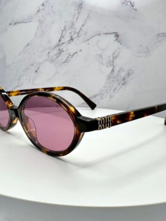 New MIU MIU Sunglasses Brown Tortoise Round Acetate Gold Metal Logo Authentic main image 14